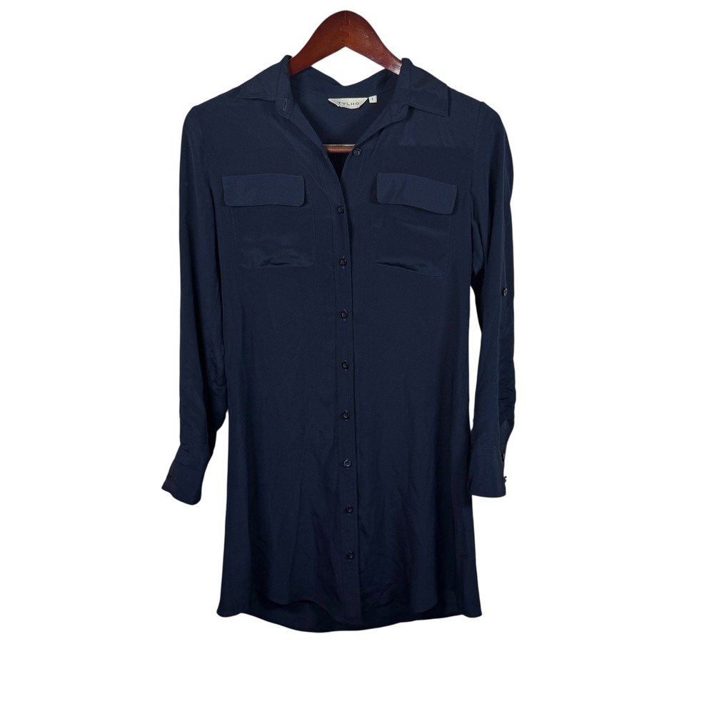 Anthropologie TYLHO Long Sleeve SILK Mini Shirt Dress Blue Career Womens Sz‎ Sm